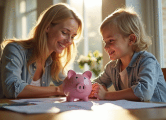Parent et enfant discutant autour d'une tirelire ensoleillée