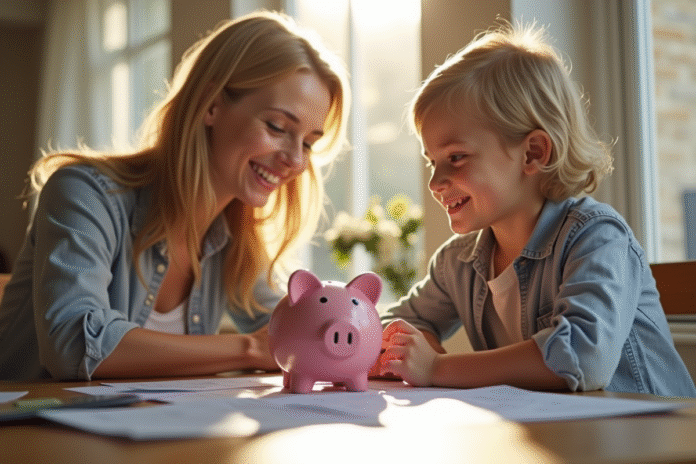 Parent et enfant discutant autour d'une tirelire ensoleillée