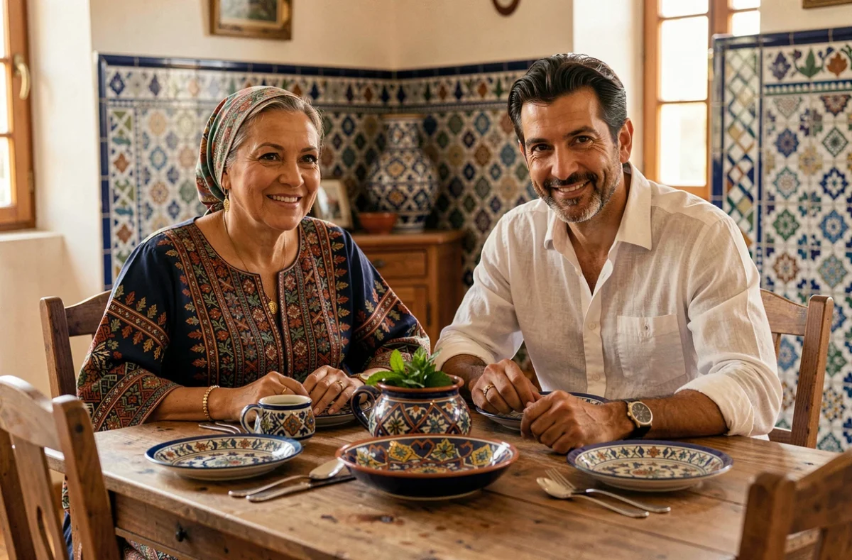 Couple d'origines nord-africaines et méditerranéennes autour d'une table familiale marocaine avec thé à la menthe et céramiques traditionnelles