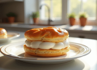 Gâteau ParisBrest praliné sur assiette blanche lumineuse