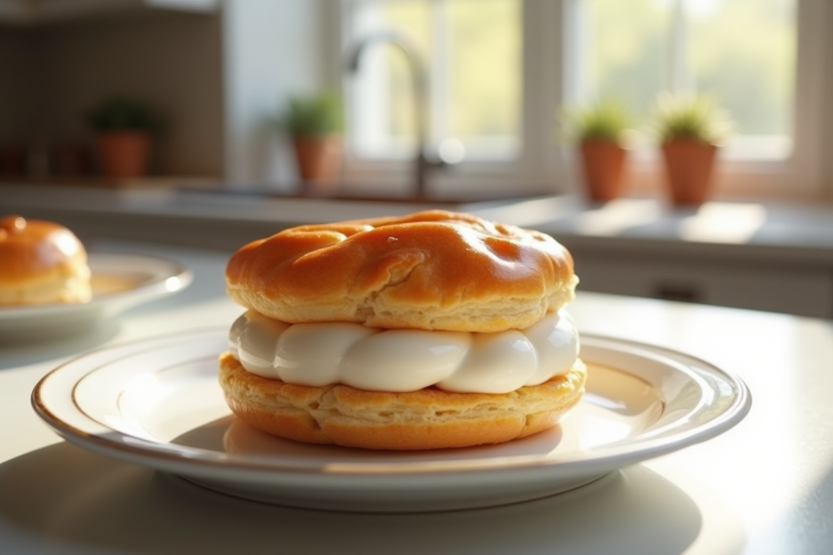 Gâteau ParisBrest praliné sur assiette blanche lumineuse