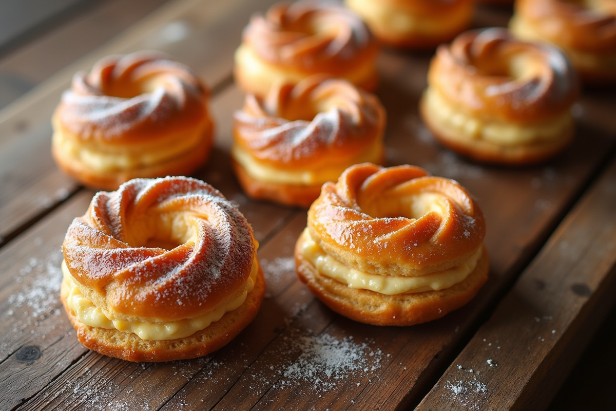 Plusieurs ParisBrest praliné sur table en bois rustique