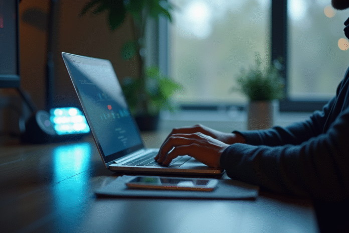 personne-bureau-ordinateur-connexion Personne travaillant à un bureau moderne avec un routeur sans fil