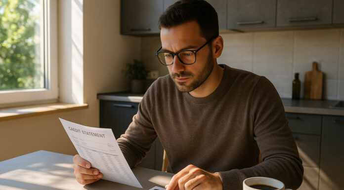 Personne à la cuisine vérifiant un relevé de crédit avec calculatrice