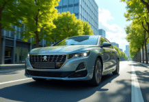 Voiture Peugeot 408 hybride en ville avec arbres verts et ciel bleu
