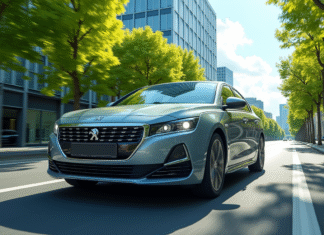 Voiture Peugeot 408 hybride en ville avec arbres verts et ciel bleu