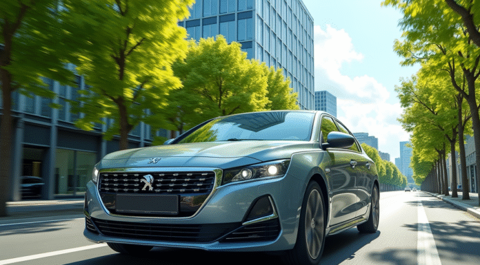 Voiture Peugeot 408 hybride en ville avec arbres verts et ciel bleu