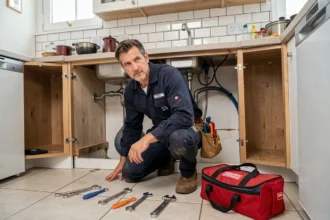 Plombier professionnel intervenant en urgence sous un évier dans un appartement en Centre-Val de Loire