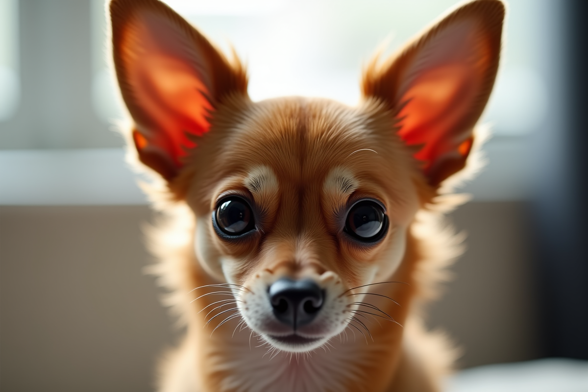 Portrait intérieur d un Chihuahua aux oreilles papillon en lumière douce