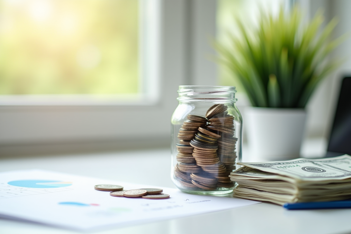 Pot de pièces et billets avec rapport financier sur un bureau blanc