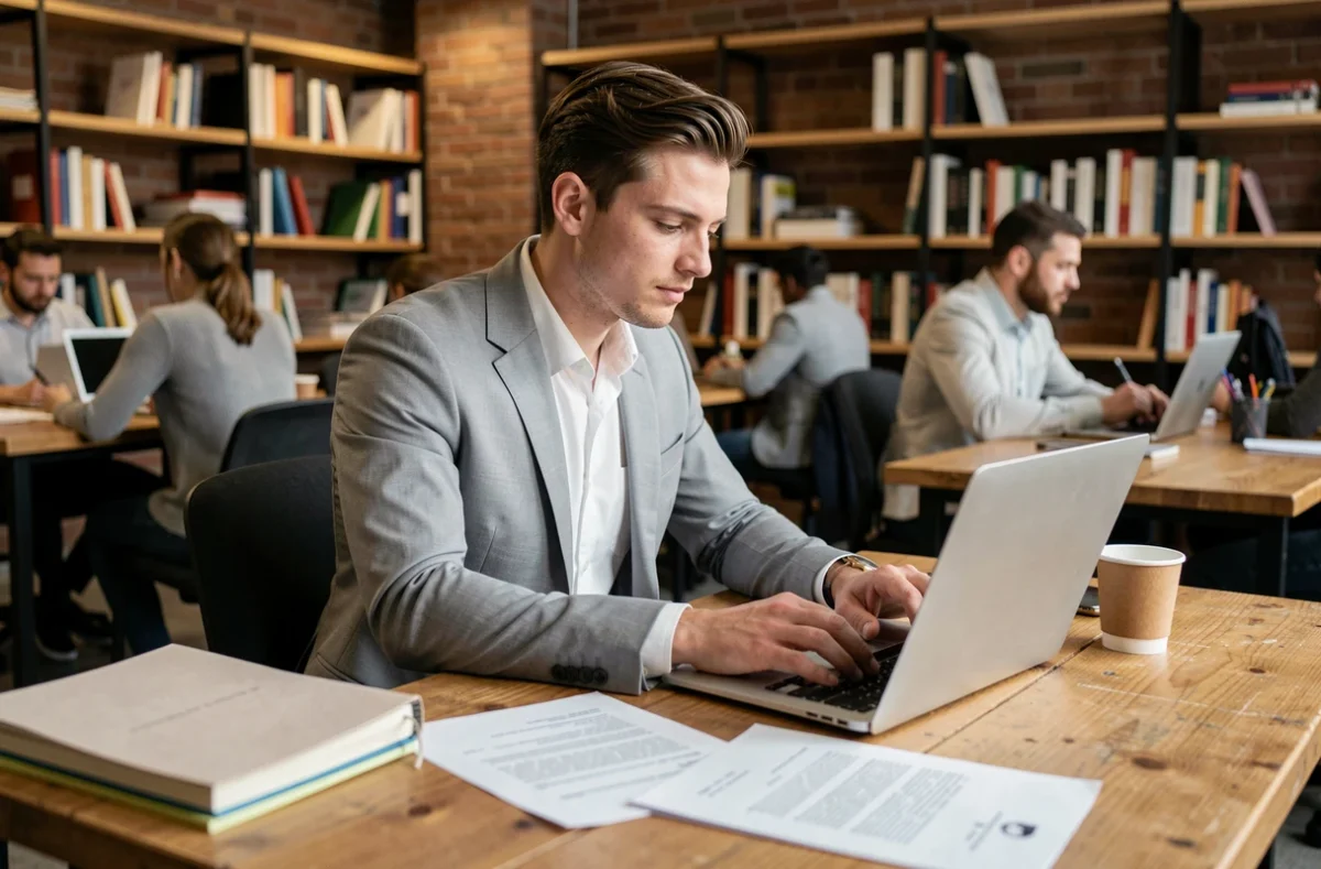 Jeune homme en costume préparant sa candidature sur ordinateur portable dans un espace de coworking moderne