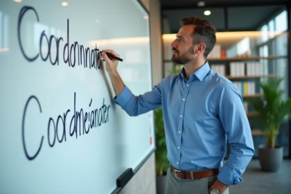 Homme d'âge moyen écrivant coordonnateur dans un bureau moderne