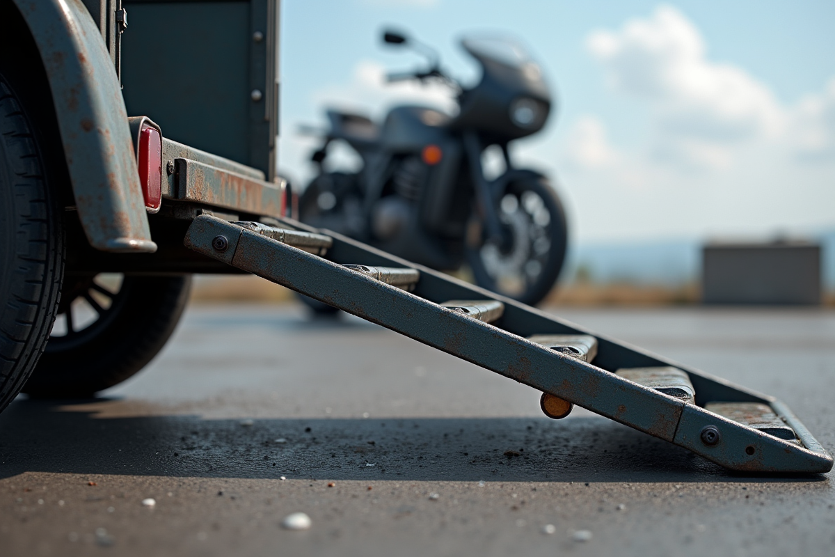 Détail de la rampe de remorque moto et pneu à proximité