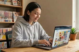 Jeune femme cherchant un manga précis sur un site de lecture en ligne depuis son bureau à domicile