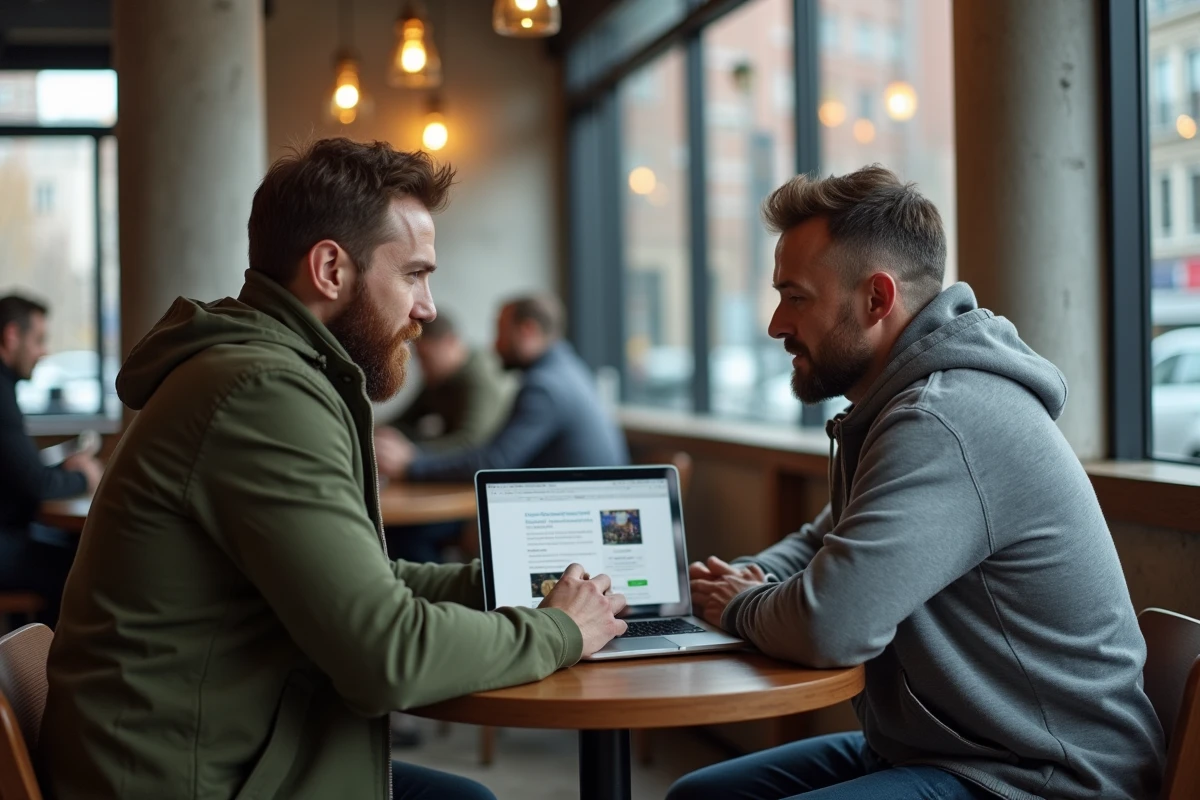 Deux rédacteurs spécialisés discutant d'une méthodologie de test multimédia autour d'un ordinateur portable dans un espace de coworking urbain