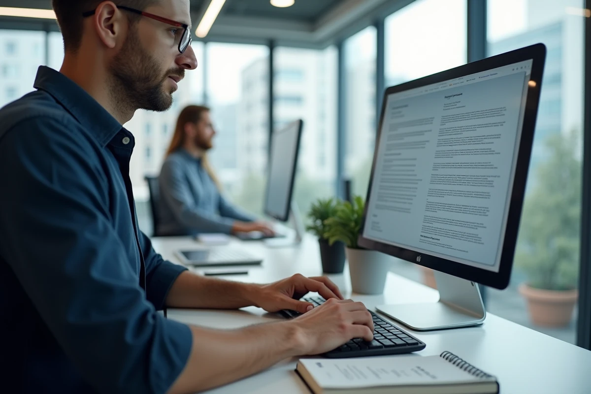 Homme rédigeant une lettre formelle en ligne sur ordinateur de bureau dans un open space professionnel moderne
