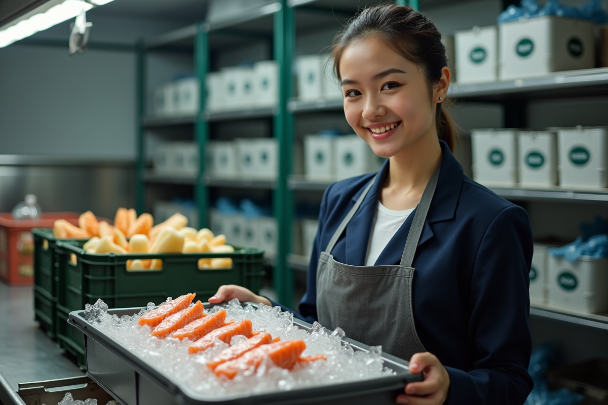 Jeune femme inspectant un plateau de fruits de mer frais