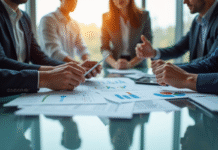 Réunion d'affaires avec professionnels analysant des graphiques financiers