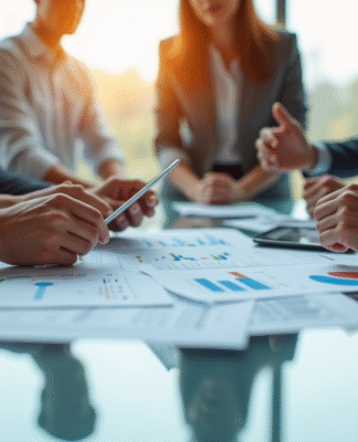 Réunion d'affaires avec professionnels analysant des graphiques financiers