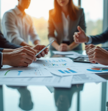 Réunion d'affaires avec professionnels analysant des graphiques financiers