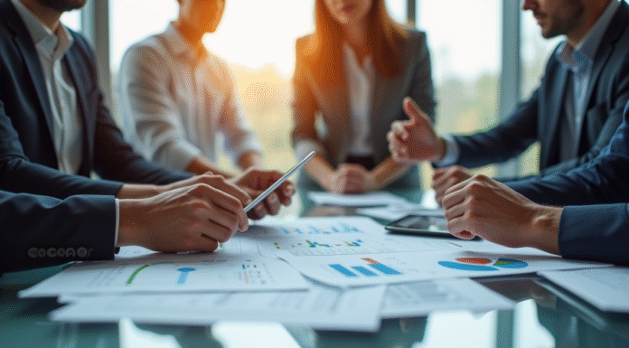 Réunion d'affaires avec professionnels analysant des graphiques financiers