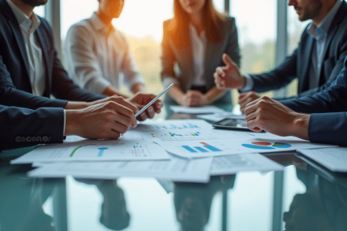 Réunion d'affaires avec professionnels analysant des graphiques financiers