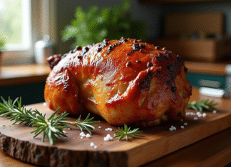 Rôti de porc croustillant sur planche en bois rustique