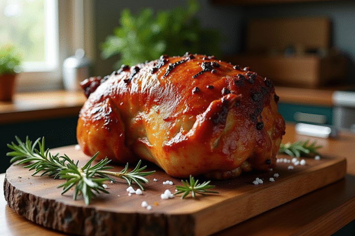 rti-de-poitrine-de-porc Rôti de porc croustillant sur planche en bois rustique