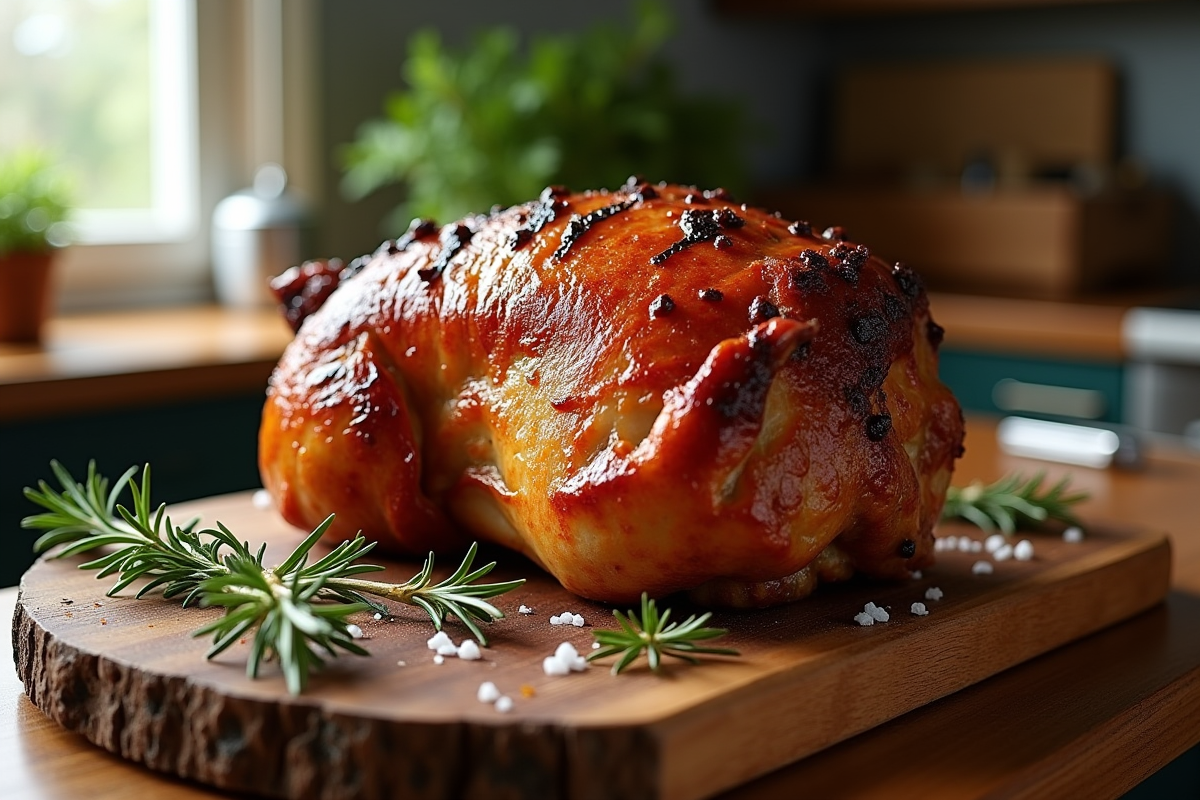Rôti de porc croustillant sur planche en bois rustique