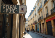 Rue ensoleillée à Bordeaux avec panneaux et codes postaux