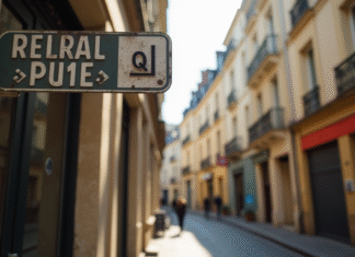 Rue ensoleillée à Bordeaux avec panneaux et codes postaux