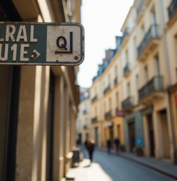 Rue ensoleillée à Bordeaux avec panneaux et codes postaux