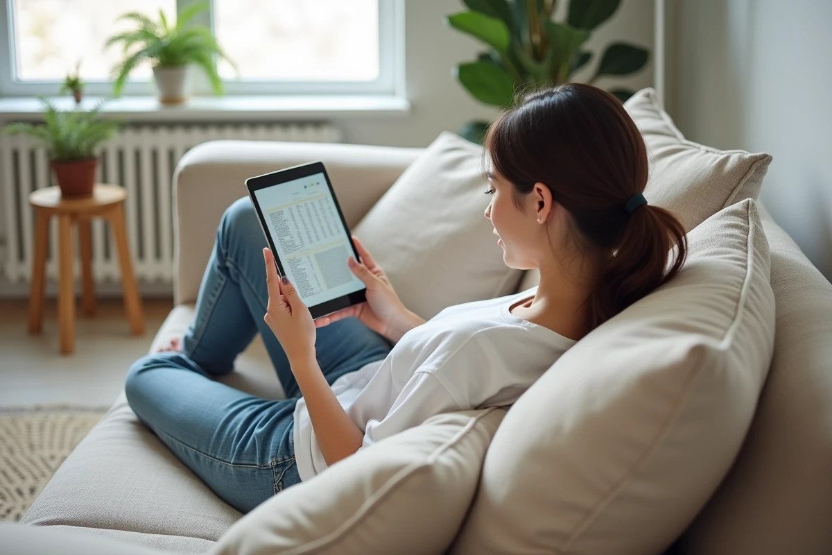 Jeune femme lisant un scan One Piece légal sur tablette dans son salon moderne