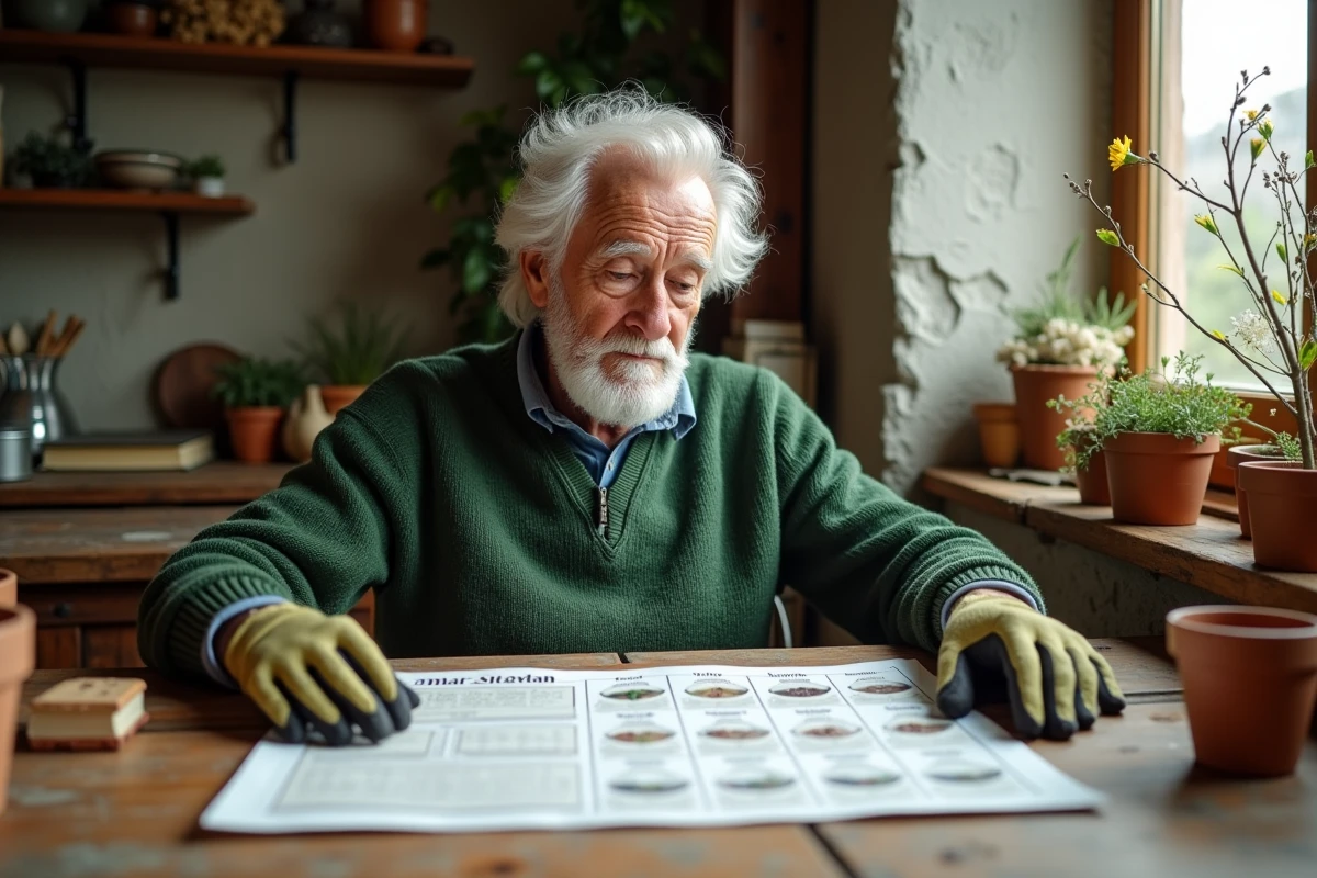 Homme âgé étudie un calendrier lunaire de plantation
