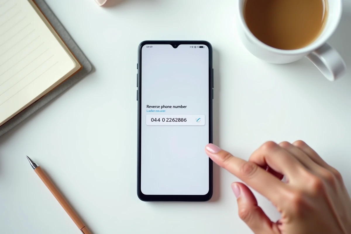 Vue aérienne d'un smartphone affichant une recherche d'annuaire inversé pour un numéro 06, posé sur un bureau blanc avec carnet et café