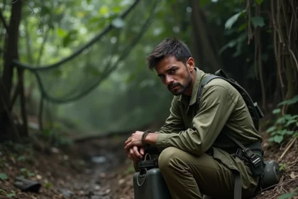 Jeune soldat fatigué dans la jungle sud-est asiatique