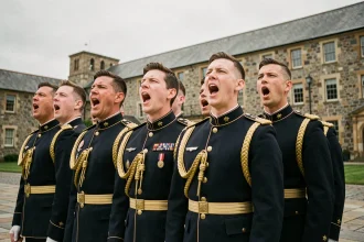Groupe de soldats en uniformes de cérémonie chantant un chant militaire sur une place d'armes historique