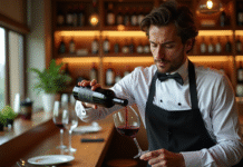 Sommelier versant du vin rouge dans un verre cristal dans un restaurant élégant