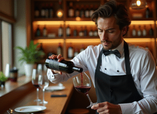 Sommelier versant du vin rouge dans un verre cristal dans un restaurant élégant