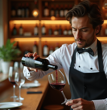 Sommelier versant du vin rouge dans un verre cristal dans un restaurant élégant