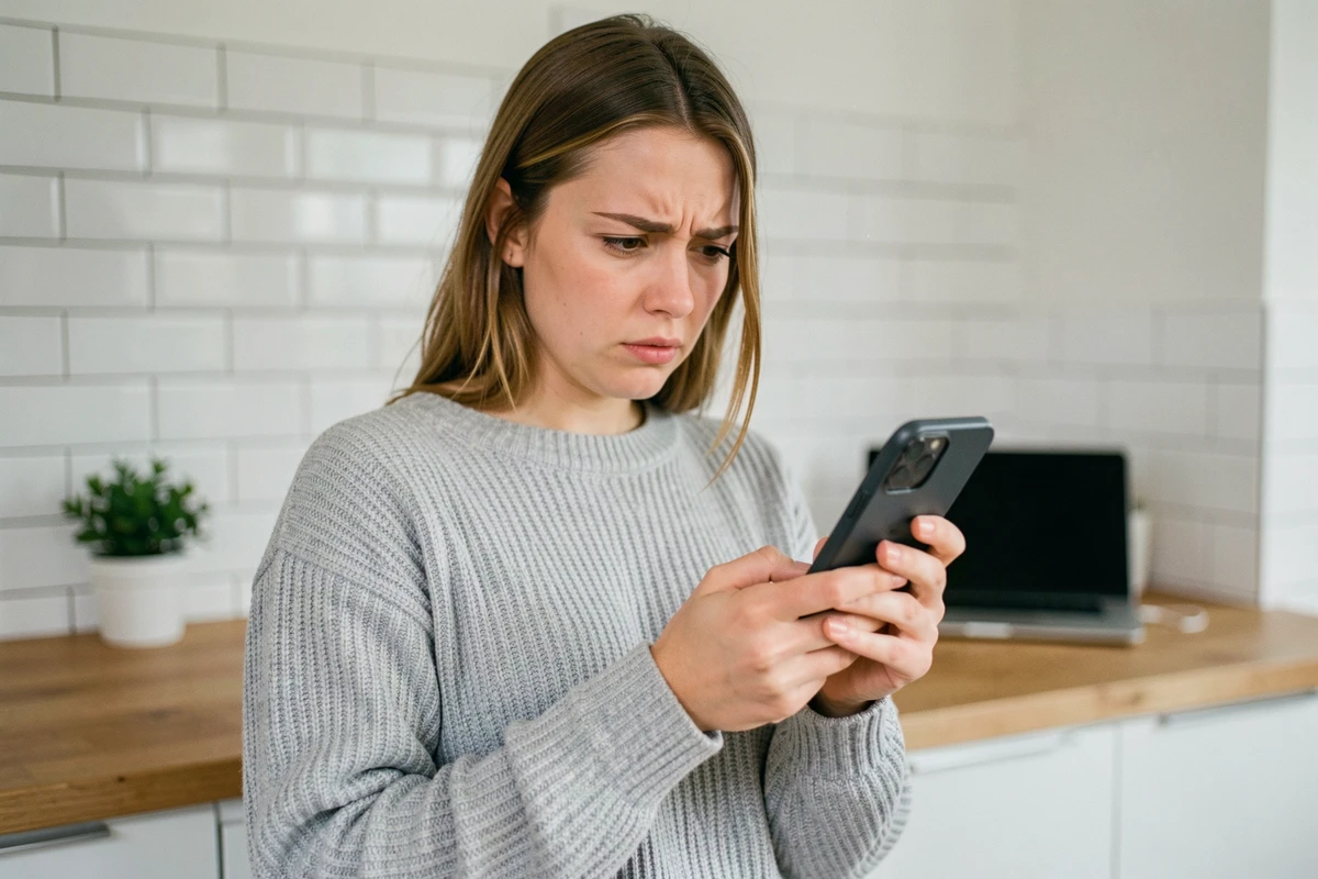 Femme consultant le suivi de colis DPD sur son smartphone dans une cuisine moderne