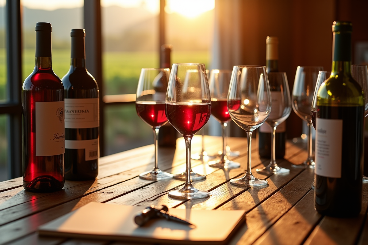 Table de dégustation avec verres et notes de vin en lumière naturelle