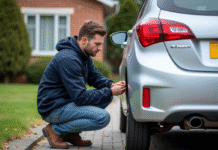Homme installant une camera de recul sur une voiture