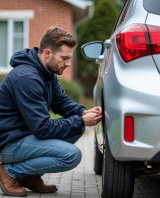Homme installant une camera de recul sur une voiture