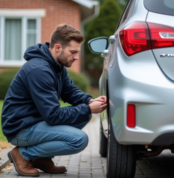Homme installant une camera de recul sur une voiture