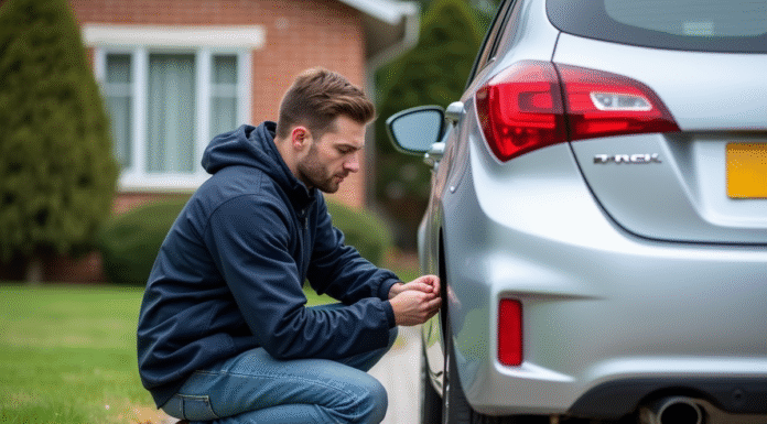 Homme installant une camera de recul sur une voiture