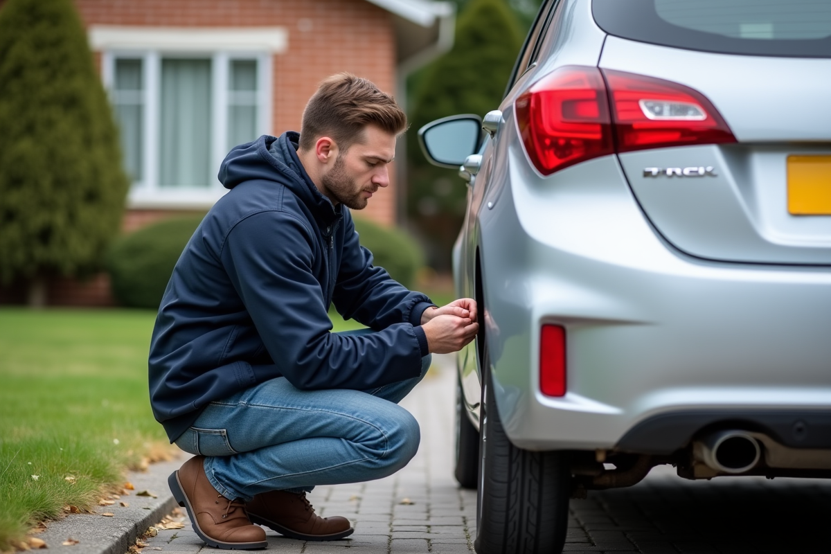 Homme installant une camera de recul sur une voiture