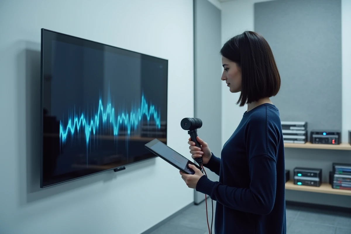 Technicienne calibrant un écran de télévision dans une salle de test audiovisuel professionnelle avec sonde de mesure et logiciel d'analyse