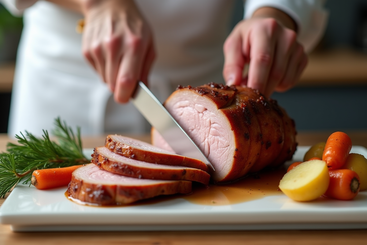 Chef tranchant un rôti de porc confit dans une cuisine moderne