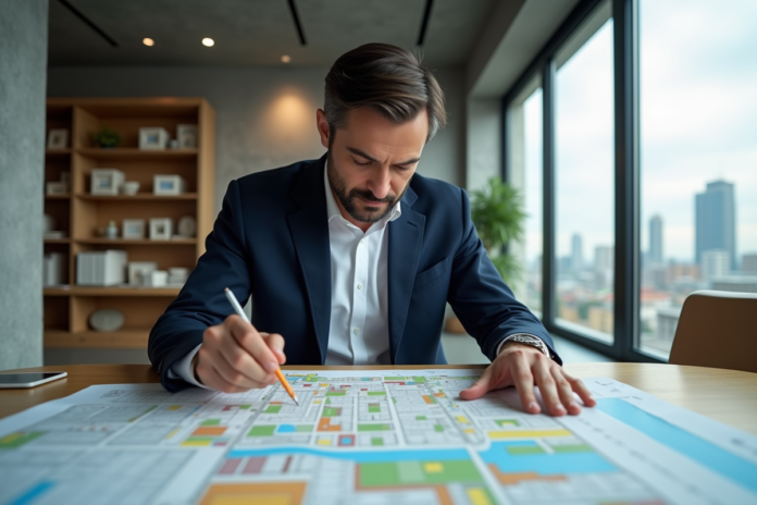urbaniste-analysant-carte-zoning Urbaniste homme analysant une carte de zonage dans un bureau moderne